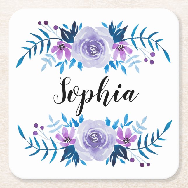 Vattenfärgstext Blå Lila Blommigt Anpassningsbar f Underlägg Papper Kvadrat (Framsidan)