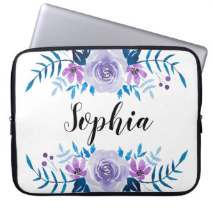 Vattenfärgstext Blå Lila Blommigt Anpassningsbar Laptop Sleeve