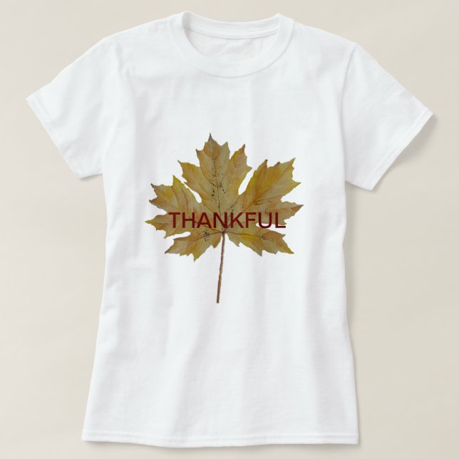 Vattenfärgstext "THANKFUL" för hösten löv T Shirt (Design framsida)