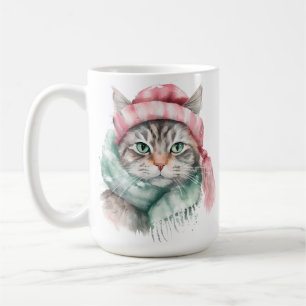 VATTENFÄRGSTORBORD MED GRÅTT TABBY MED ROSA & BLUE KAFFEMUGG