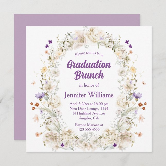 vattenfärgsträdgård blommigt lila studenten brunch inbjudningar (Fram/baksida)