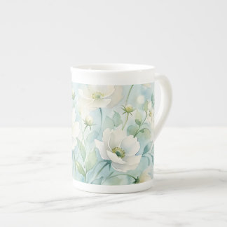 Vattenfärgsträdgård med vita blommor benporslin mugg