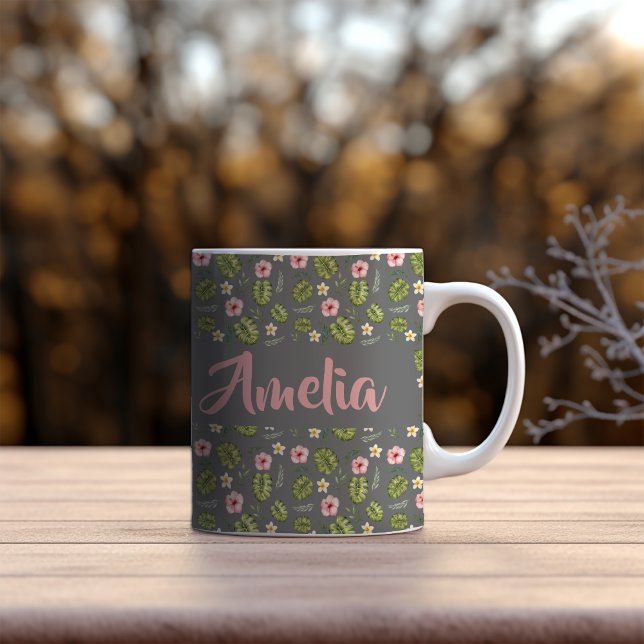 Vattenfärgsträdgård rosa grått mönster kaffemugg (Skapare uppladdad)