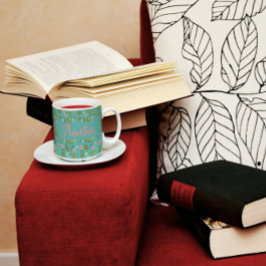 Vattenfärgsträdgårdens rosa Light teal mönster Kaffemugg