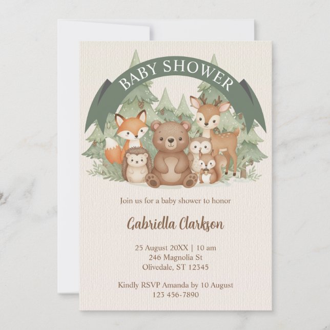 Vattenfärgsträdsdjur Baby Shower Inbjudningar (Framsida)