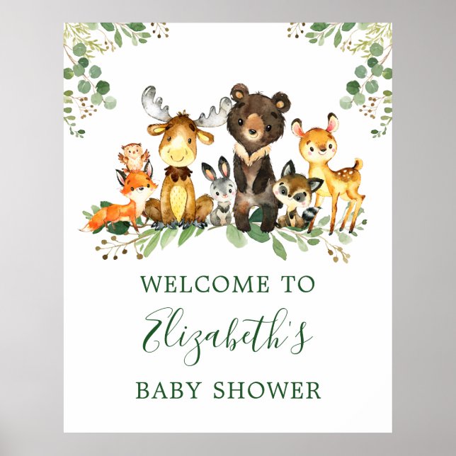 Vattenfärgsträdsdjur Baby Shower Poster (Framsidan)