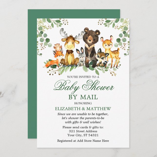 Vattenfärgsträdsdjur, babyskor efter post inbjudningar (Fram/baksida)