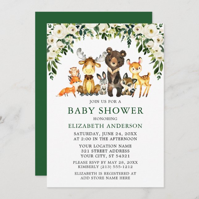 Vattenfärgsträdsdjur Blommigt Babyskåda Inbjudningar (Fram/baksida)