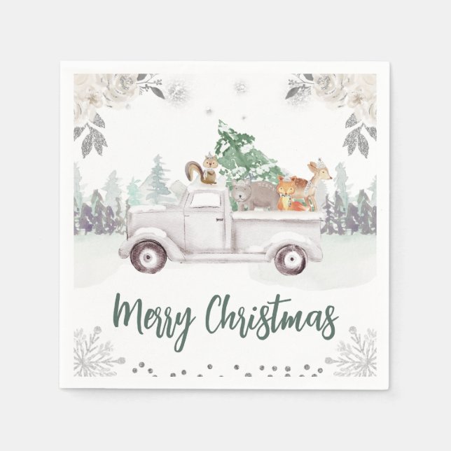 Vattenfärgsträdsdjur Blommigten Jul Pappersservett (Framsidan)