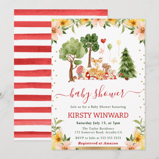 Vattenfärgsträdsdjur Picnic Baby Shower Inbjudningar (Fram/baksida)