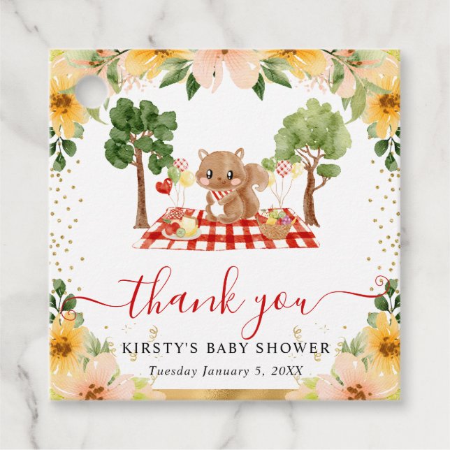 Vattenfärgsträdsekorrel Picnic Baby Shower Gåvor Etiketter (Framsida)