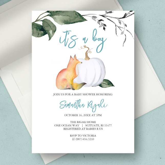Vattenfärgsträdsskare Pojke Inbjudningar (baby shower invitation fall boy fox white pumpkin)