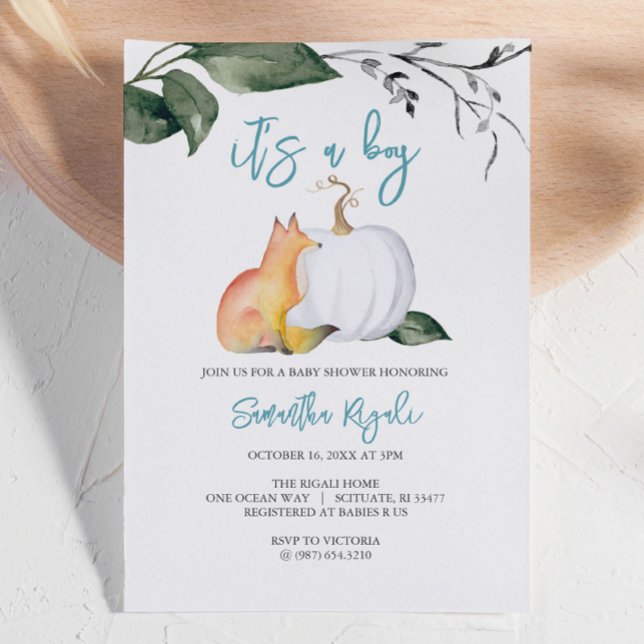Vattenfärgsträdsskare Pojke Inbjudningar (Autumn-themed baby shower invites woodland fox and white pumpkin boy Design by Victoria Grigaliunas)