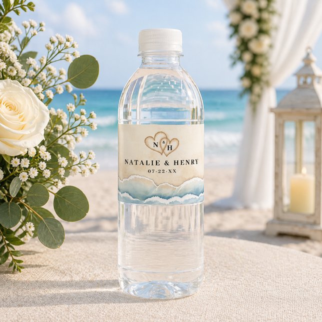Vattenfärgstrand Bröllop Vattenflaska Etikett  (Beach Wedding Water Bottle Labels
)