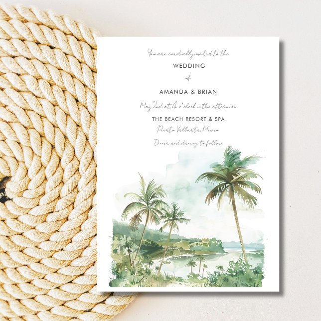 Vattenfärgstrand Bröllopsinbjudan för Destination Inbjudningar (Watercolor Beach Destination Wedding Invitation)