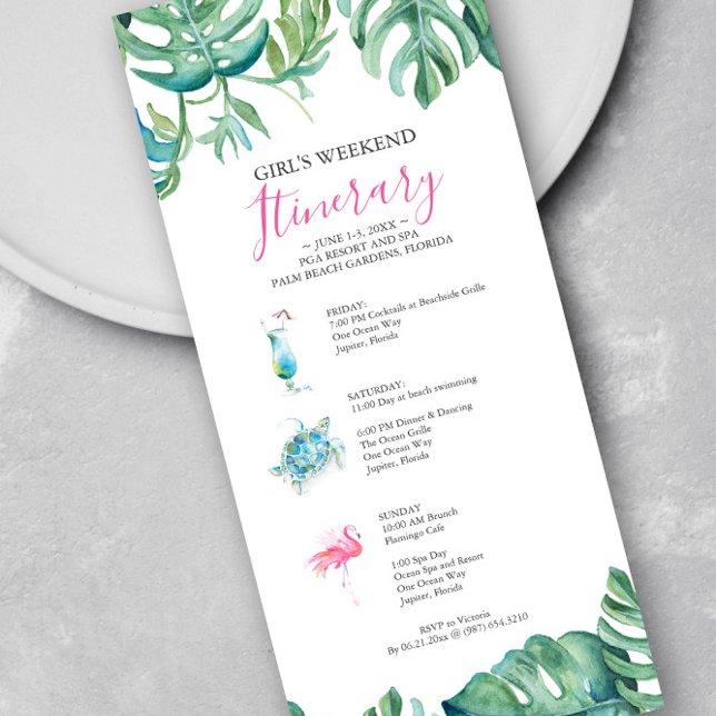 VattenfärgsTropical Grey Helg Itinerary (Girl's weekend itinerary invitations features watercolor tropical leaves & art Victoria Grigaliunas)