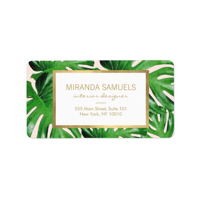 VattenfärgsTropical Monstera Löv Mönster Rosa Adressetikett (Framsidan)