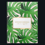 VattenfärgsTropical Monstera Löv Mönster Rosa Anteckningsbok Med Spiral<br><div class="desc">Koordinerar Mönster Rosa-visitkortsmallen Watercolor Tropical Monstera Löv till kl. 12.01. En elegant tropisk motiv av vattenfärgsmonstera löv blir ett mönster som fångar öga på den här bärbara personligen. Faux guld ram lägger till en lyxaccent runt ditt namn eller namn. Art och design © 1201AM Design Studio | www.1201am.com</div>