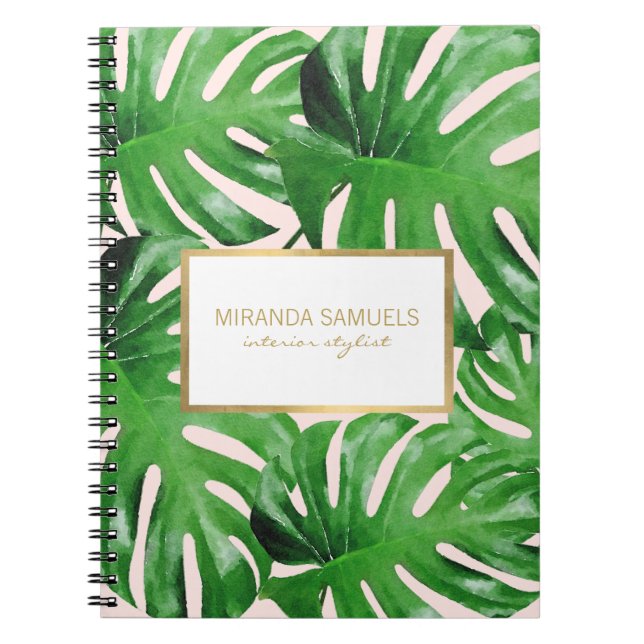 VattenfärgsTropical Monstera Löv Mönster Rosa Anteckningsbok Med Spiral (Framsidan)