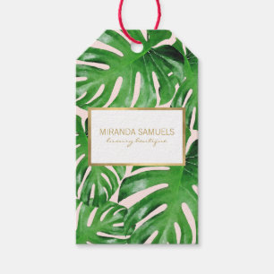 VattenfärgsTropical Monstera Löv Mönster Rosa Presentetikett
