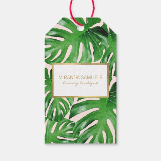 VattenfärgsTropical Monstera Löv Mönster Rosa Presentetikett (Framsidan)