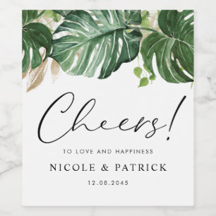 VattenfärgsTropical Monstera Löv, sommartid Bröllo Vinflaska Etikett