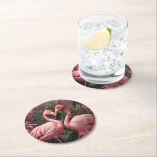 VattenfärgsTropical Rosa Flamingo Romantik Underlägg Papper Rund