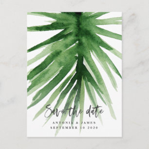 vattenfärgstropiska blad och skript spara datumet meddelande vykort