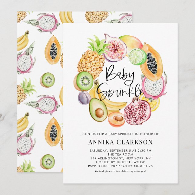 Vattenfärgstropiska frukter Sommar Baby Sprinkle Inbjudningar (Fram/baksida)