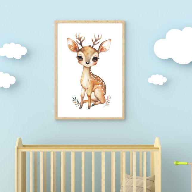 Vattenfärgstryck för barnkammare med Bambi - Digit Poster (Baby Deer Woodland Animal Baby Nursery Print. Digital Download or Printed from Zazzle. up to 30x40 )
