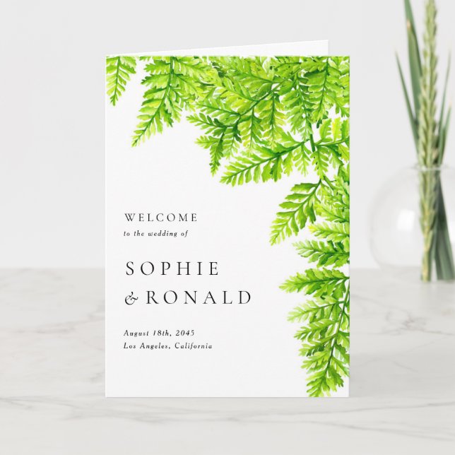 Vattenfärgstryck Grönten Fern Löv Bröllop Program (Framsida)
