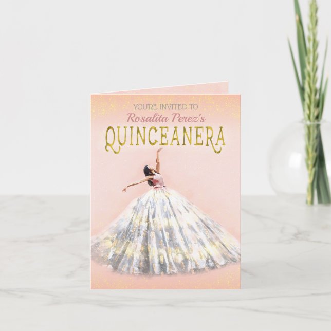 Vattenfärgstryck  Rosa Guld Quinceanera Finare Inbjudan (Framsida)