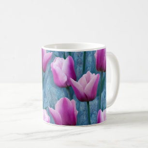 Vattenfärgstulips och Blue Stucco Rosa Kaffemugg
