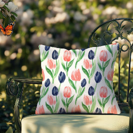 VattenfärgsTulips Rosa Coral Navy Blue Blommigt Kudde
