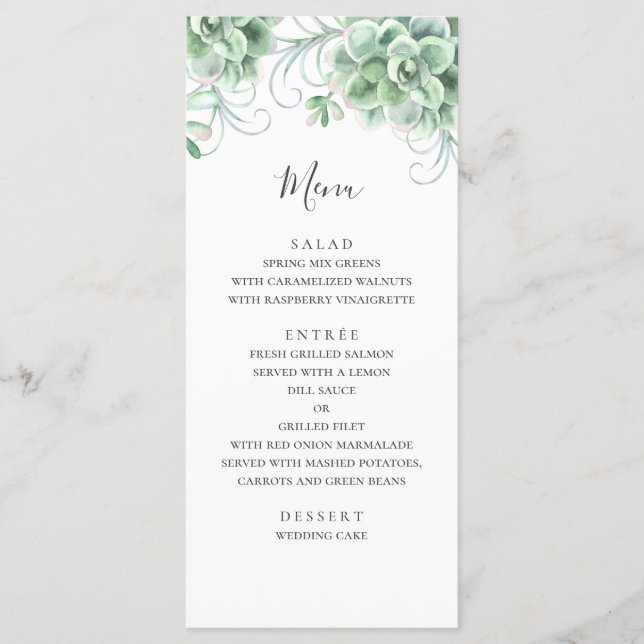 Vattenfärgsukulationer. Greenery cactus bröllop Meny (Framsida)