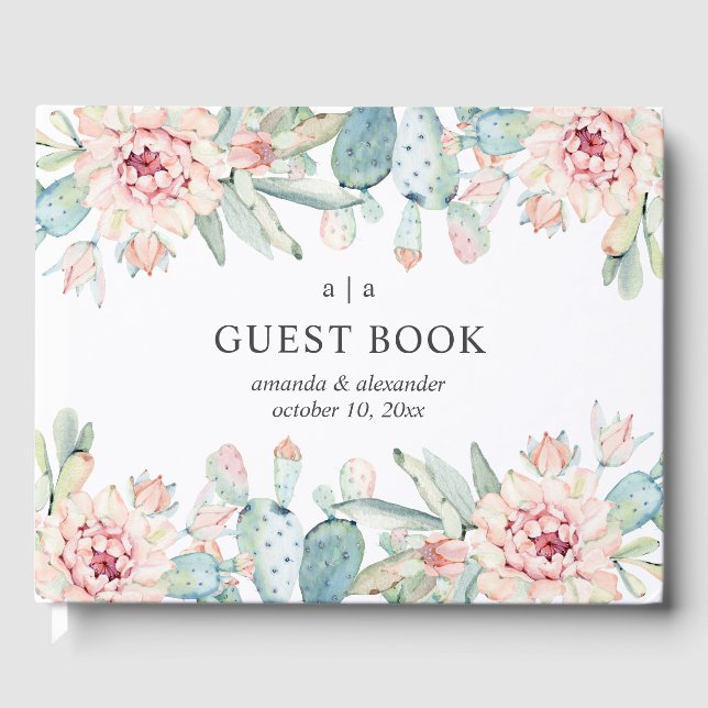Vattenfärgsukulor bröllop. Rosa blommigt Gästböcker (Framsida)