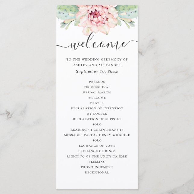 Vattenfärgsukulor bröllop. Rosa blommigt Program (Framsida)