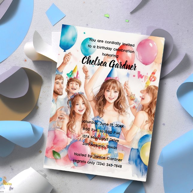 Vattenfärgsungdomar som firar födelsedagen inbjudningar (Skapare uppladdad)