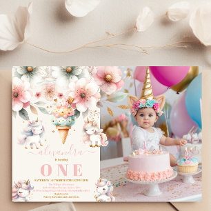 VattenfärgsUnicorn Birthday-inbjudan 1:a fotot Inbjudningar