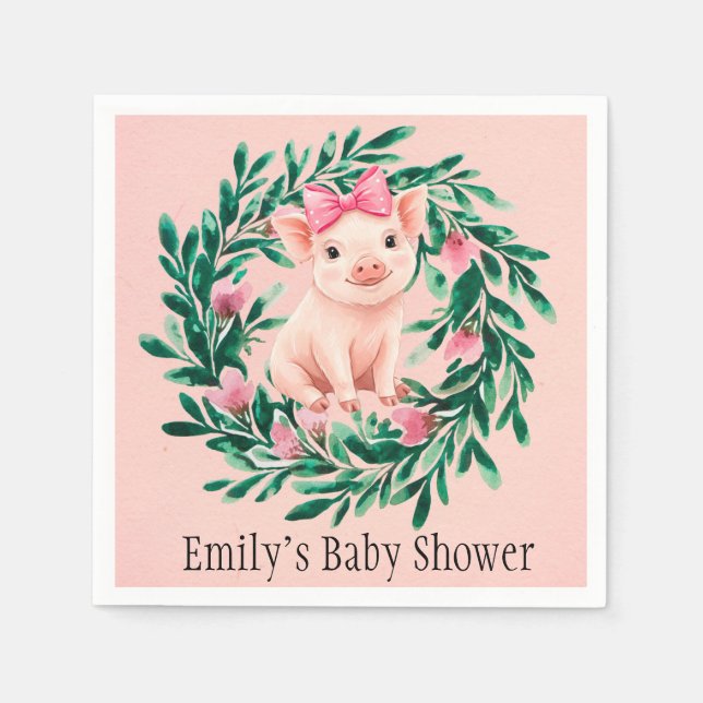 Vattenfärgsutandning med Baby Pig Girl Baby Shower Pappersservett (Framsidan)