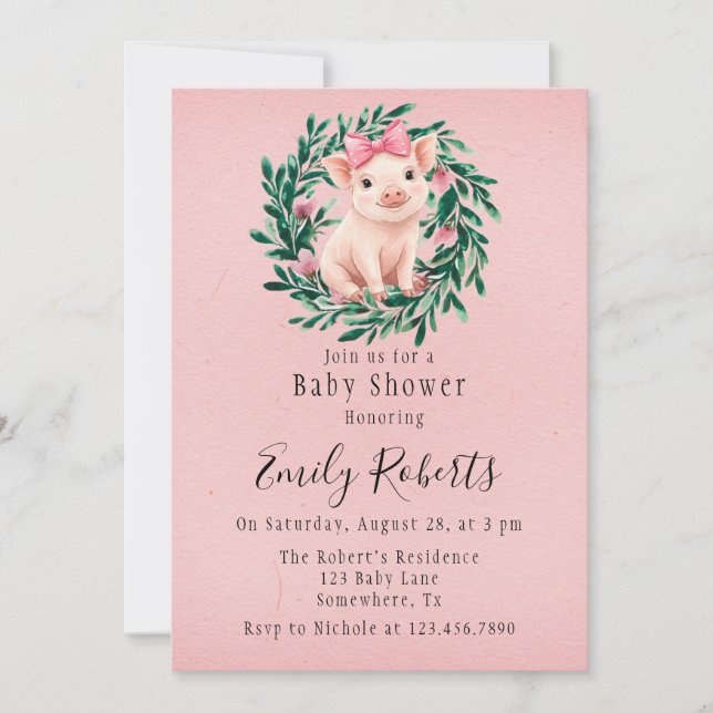 Vattenfärgsutandning med Gris Girl Baby Shower Inbjudningar (Framsida)