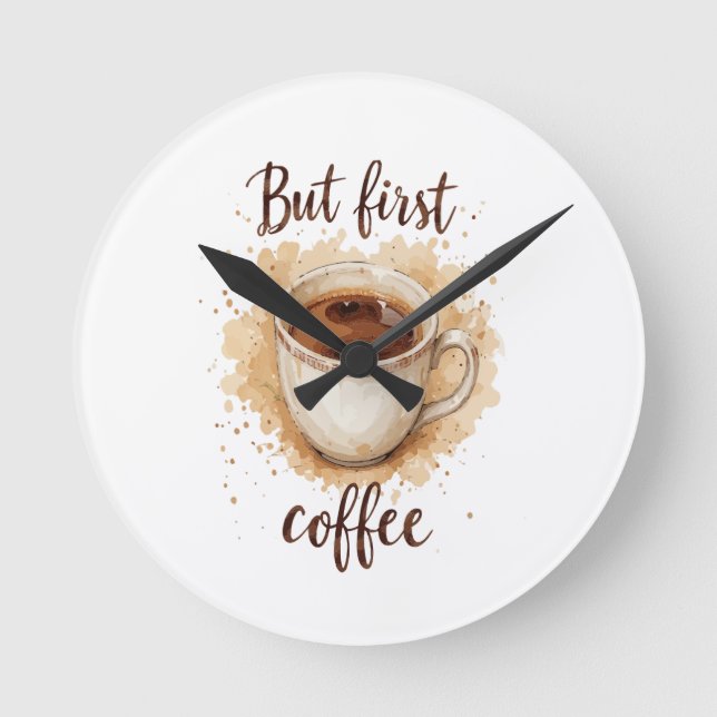 Vattenfärgsutskrift av kaffet Kopp Art - men först Rund Klocka (Framsida)