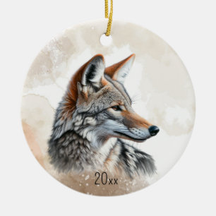 Vattenfärgsutskrift Coyote Land Cottagecore Rustic Julgransprydnad Keramik