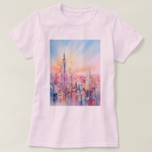 Vattenfärgsutskrift, New York City, Blue Rosa T-Sh T Shirt