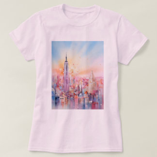 Vattenfärgsutskrift, New York City, Blue Rosa T-Sh T Shirt