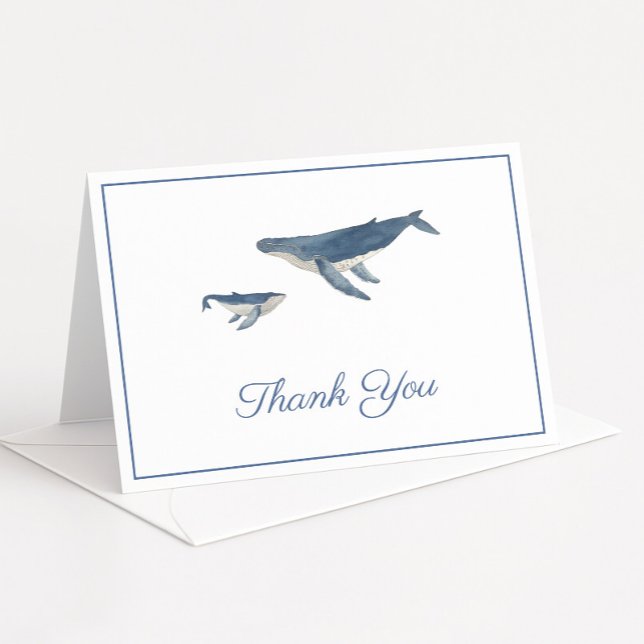 Vattenfärgsval Mamma och barnbabyskor för barn Tack Kort (Whale mother and calf folding thank you card design)