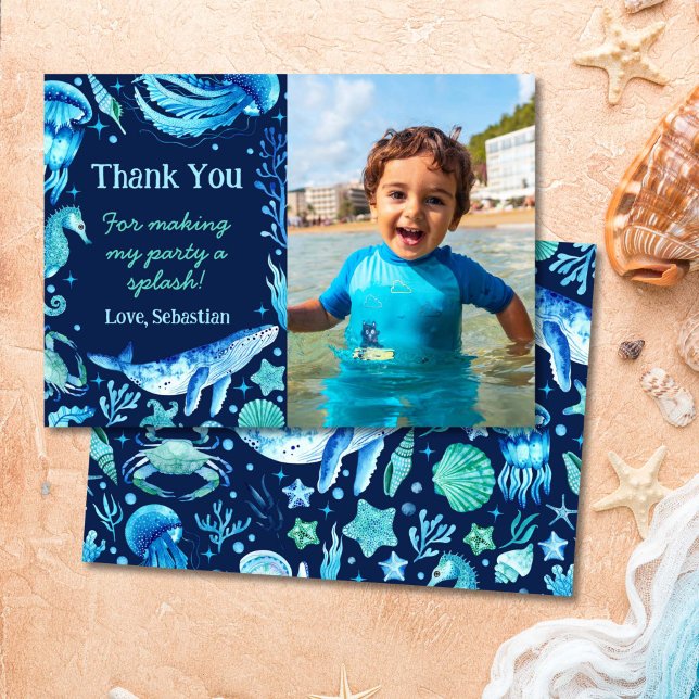 Vattenfärgsval under havet skapar foto tack kort (Watercolor Whale Under the Sea Creatures Photo Thank You Card)