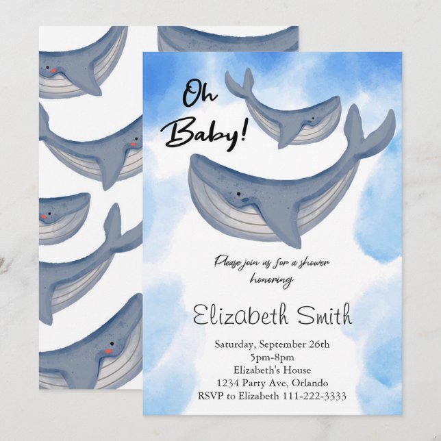 Vattenfärgsval under Sea Baby Shower Inbjudan (Fram/baksida)
