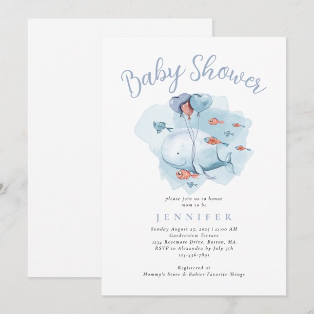 Vattenfärgsval under Sea Baby Shower Invita Inbjudningar (Fram/baksida)