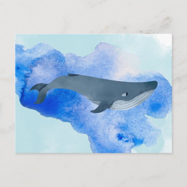 Vattenfärgsval Whale Blue Ocean Beach Sea Animal A Vykort (Framsida)